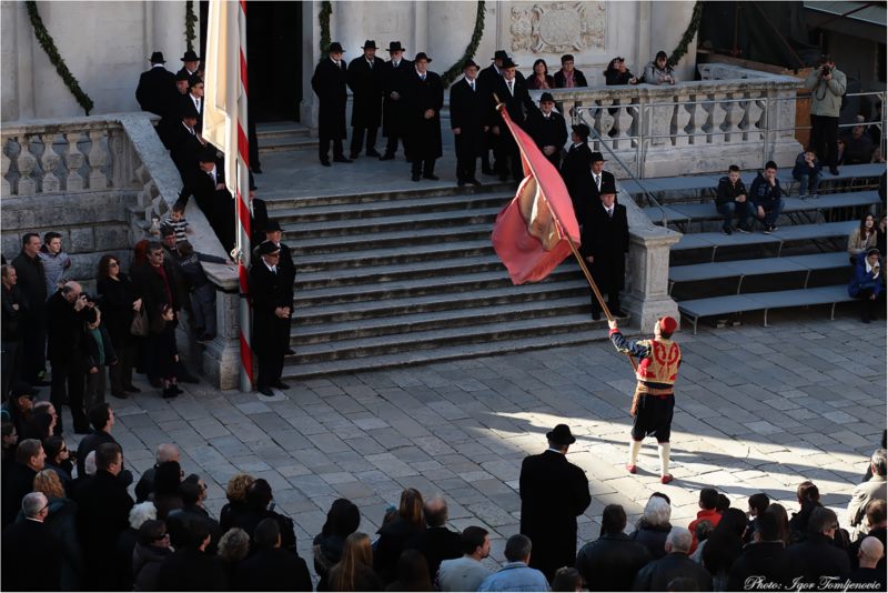 Standard Bearers salute Cathedral, bishops and dignitaries in front of Saint Blaise's church