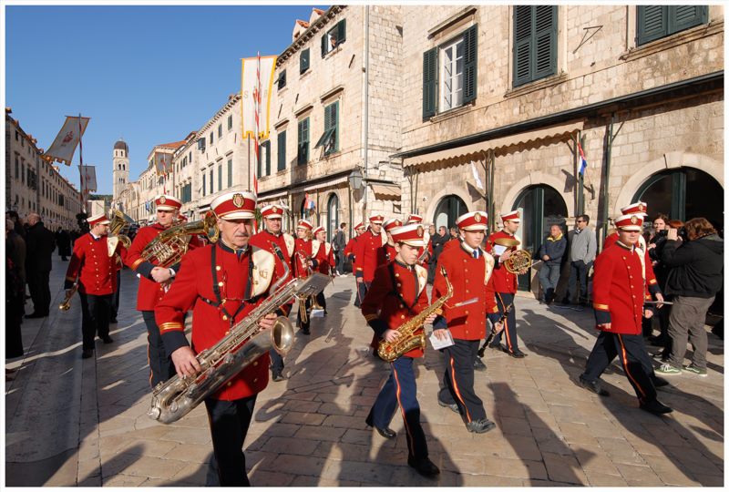 Parade of the City of Dubrovnik marching band and performance with cathedral choir